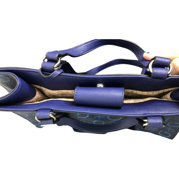 GUESS Women's Elian Satchel Purse Tote Handbag Blue Leather Silver Logo NWOT - Picture 7 of 9